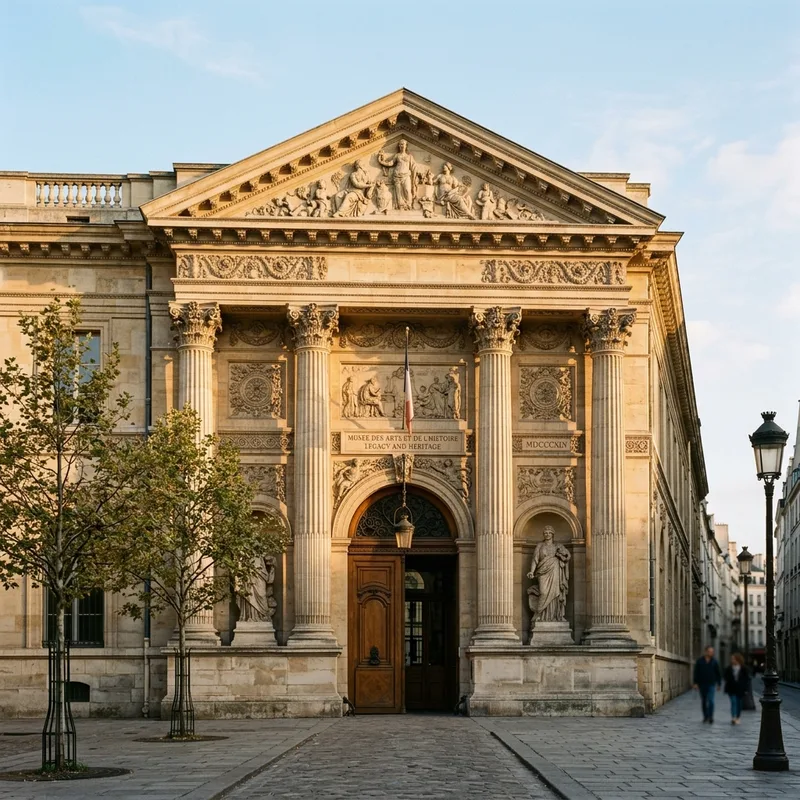 Fachada de edificio histórico europeo clásico con columnas y relieves