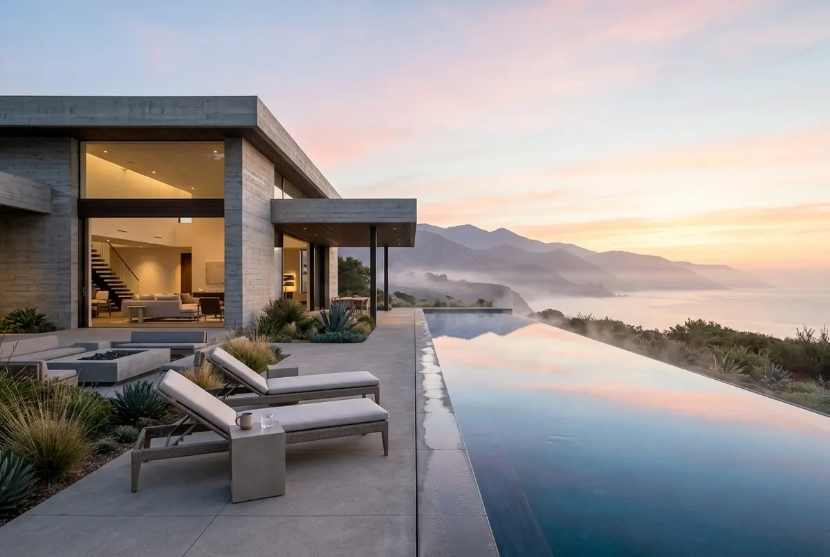Villa pool deck reflecting soft golden dawn sunlight