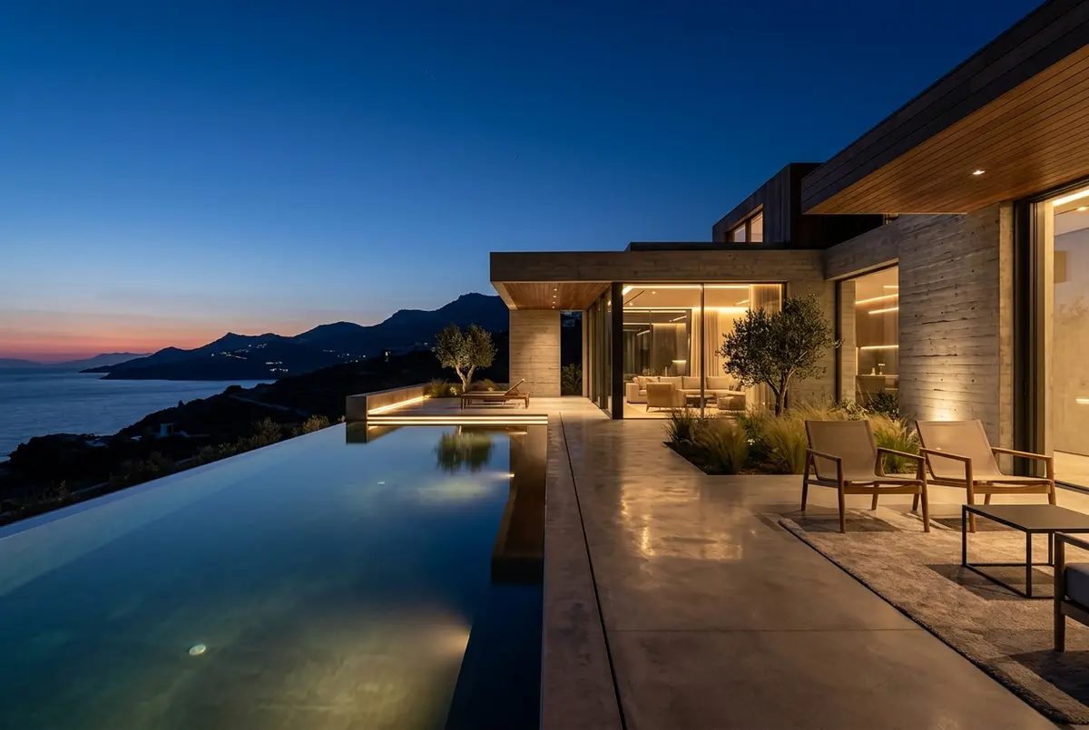Infinite water views from the villa deck during twilight