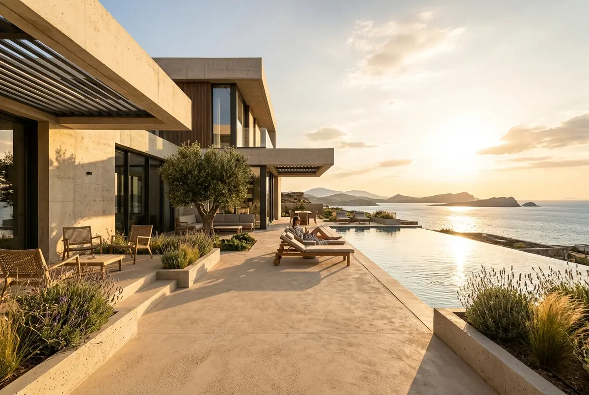 Monolithic concrete walls and olive trees under direct afternoon sun