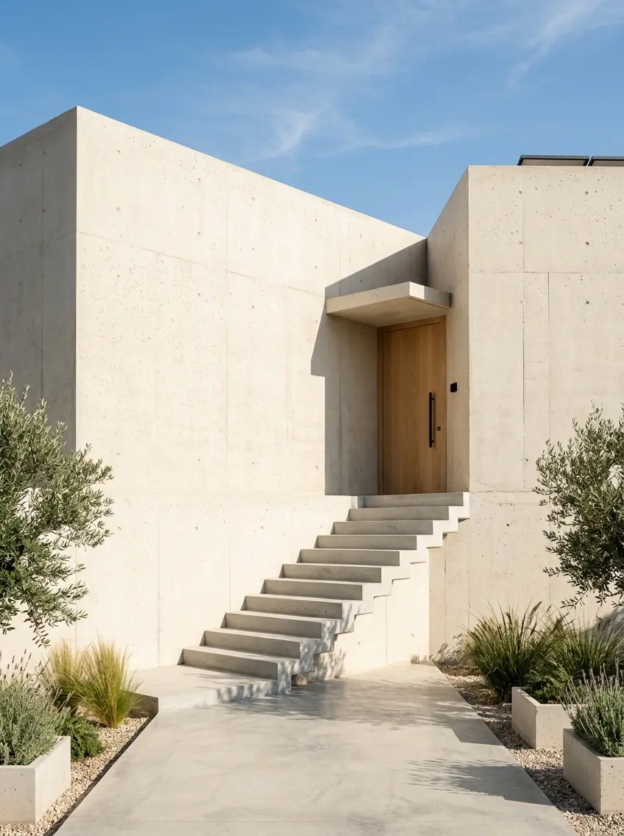 Entrada minimalista y moderna de hormigón crema con escaleras geométricas